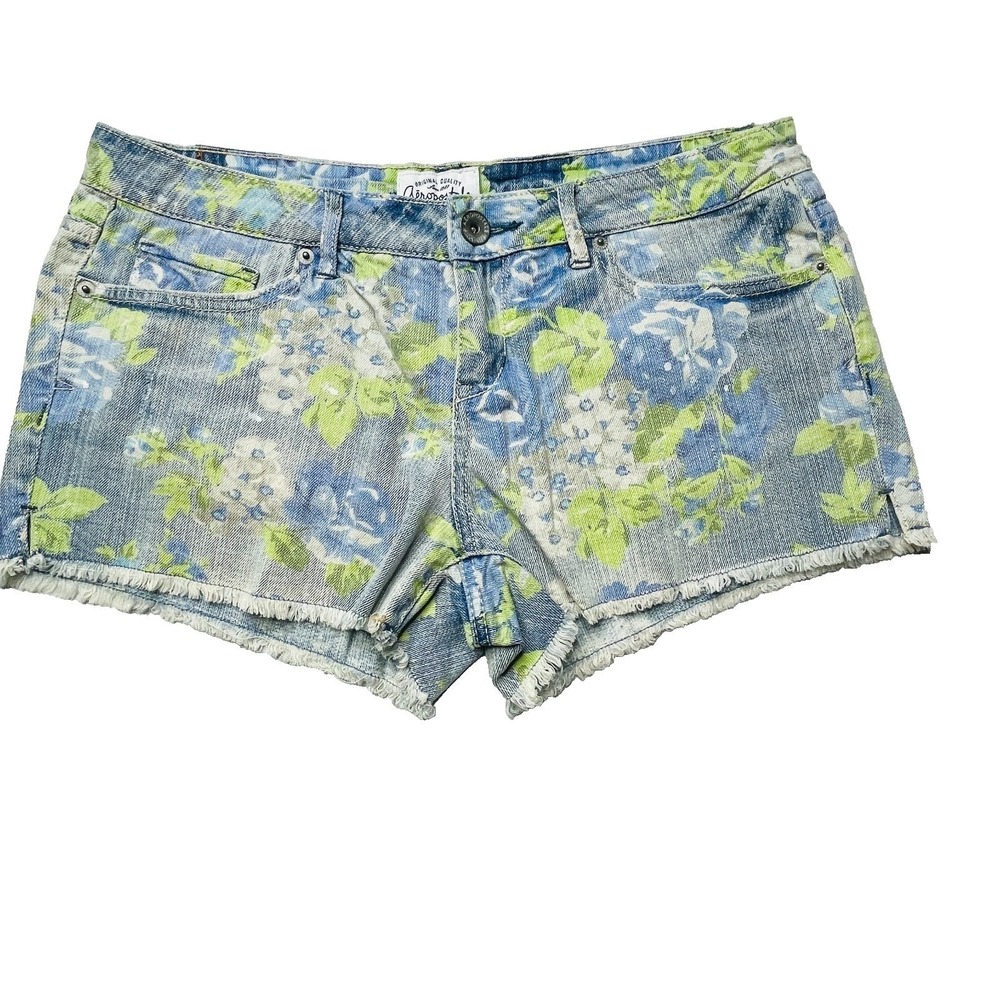 Aeropostale Jean Shorts Womens 9/10 Blue Green Floral Print Frayed Hem Low Rise